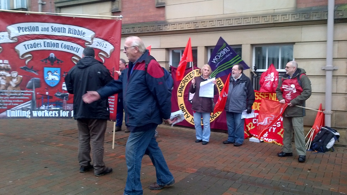 LATUC demonstration, 17.12.15, Lancashire County Council, Pitt Street entrance, County Hall, Preston